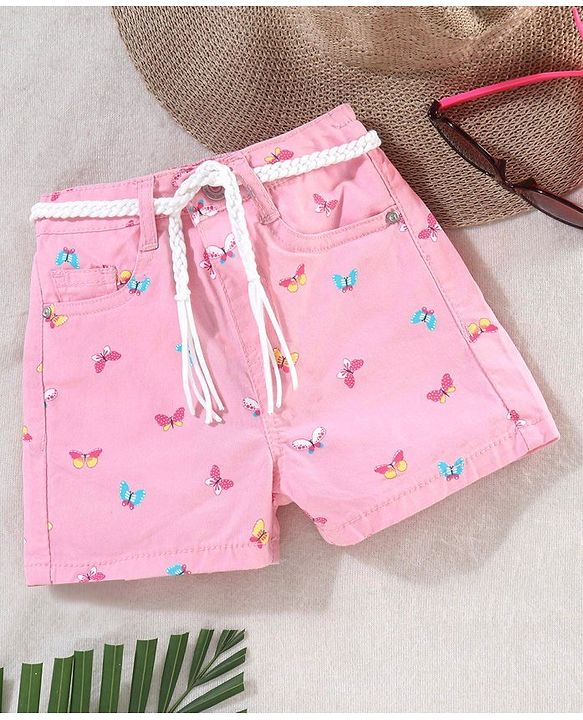 Babyhug Washed Cotton Twill Lycra Woven Shorts Butterfly Print - Candy Pink