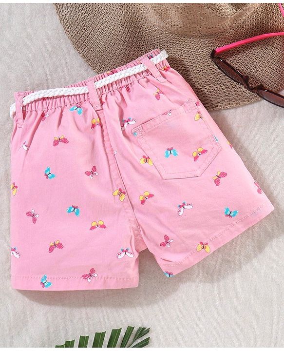 Babyhug Washed Cotton Twill Lycra Woven Shorts Butterfly Print - Candy Pink