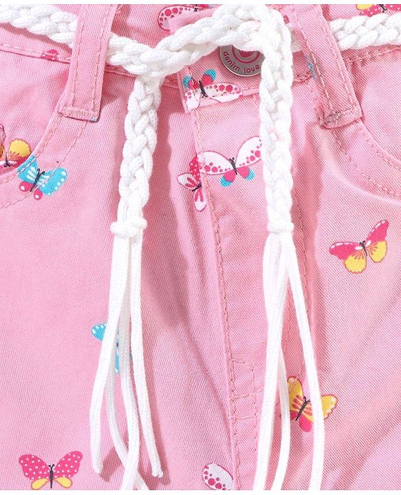 Babyhug Washed Cotton Twill Lycra Woven Shorts Butterfly Print - Candy Pink