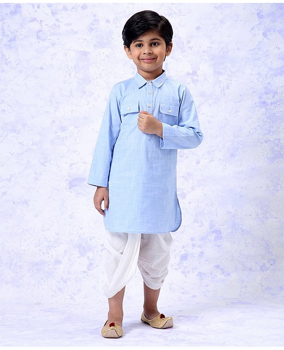 Babyhug Full Sleeves Dhoti Kurta Set Solid Color - White Blue