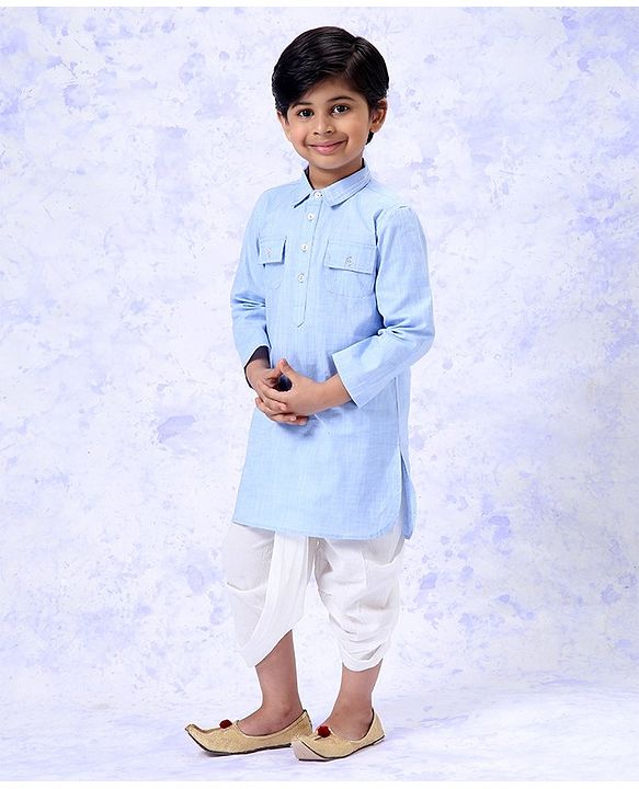 Babyhug Full Sleeves Dhoti Kurta Set Solid Color - White Blue