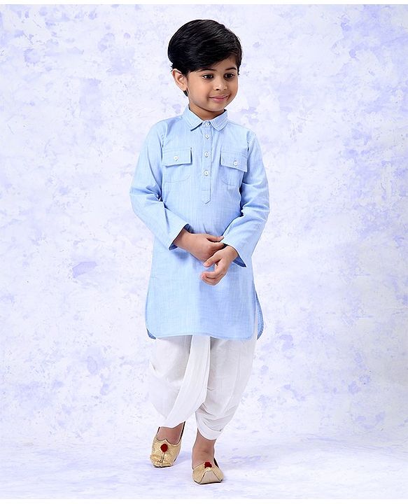 Babyhug Full Sleeves Dhoti Kurta Set Solid Color - White Blue