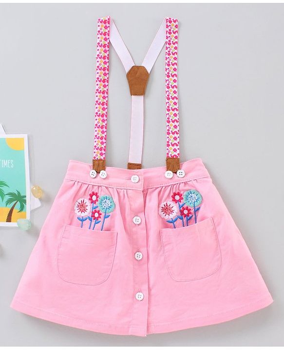 Babyhug Mid Thigh Length Skirt with Suspenders Floral Embroidery - Pink