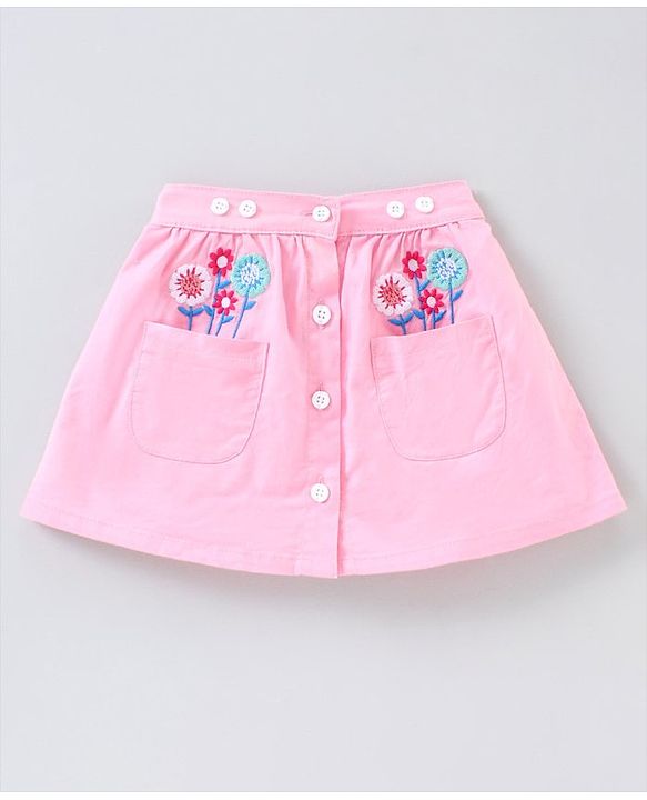 Babyhug Mid Thigh Length Skirt with Suspenders Floral Embroidery - Pink