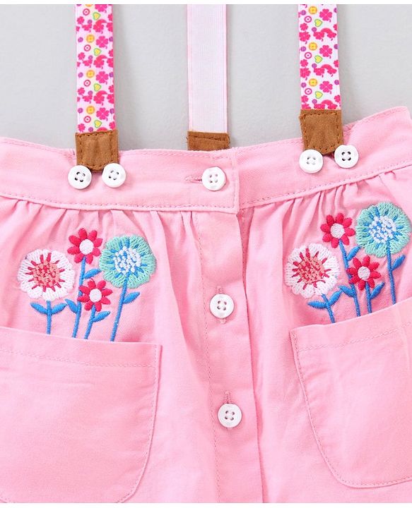 Babyhug Mid Thigh Length Skirt with Suspenders Floral Embroidery - Pink