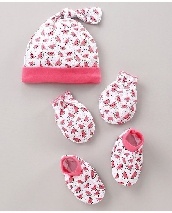 Babyhug Cap Mitten & Booties Watermelon Print - Cap Diameter 11 cm