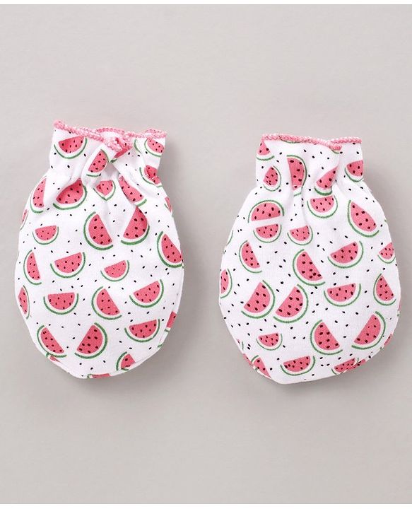 Babyhug Cap Mitten & Booties Watermelon Print - Cap Diameter 11 cm