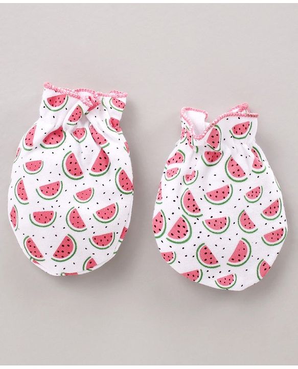 Babyhug Cap Mitten & Booties Watermelon Print - Cap Diameter 11 cm