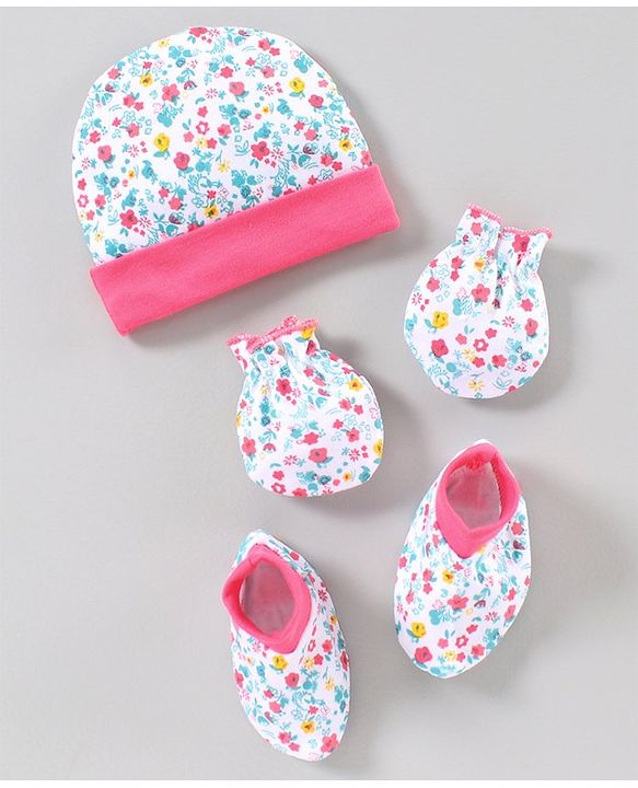 Babyhug Cap Mitten & Booties Floral Print - Cap Diameter 10.5 cm