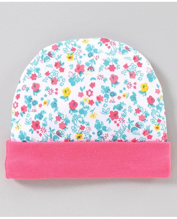 Babyhug Cap Mitten & Booties Floral Print - Cap Diameter 10.5 cm