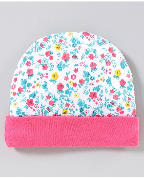 Babyhug Cap Mitten & Booties Floral Print - Cap Diameter 10.5 cm