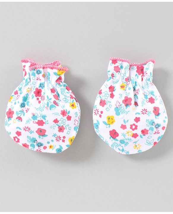 Babyhug Cap Mitten & Booties Floral Print - Cap Diameter 10.5 cm