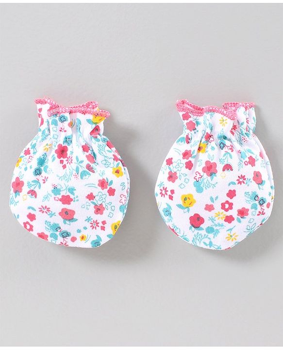 Babyhug Cap Mitten & Booties Floral Print - Cap Diameter 10.5 cm