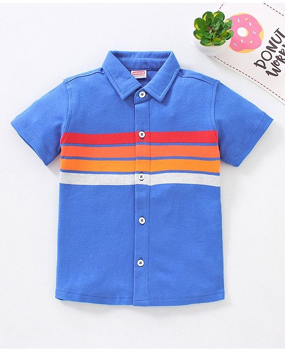 Babyhug Half Sleeves Striped Knitted Shirt - Blue