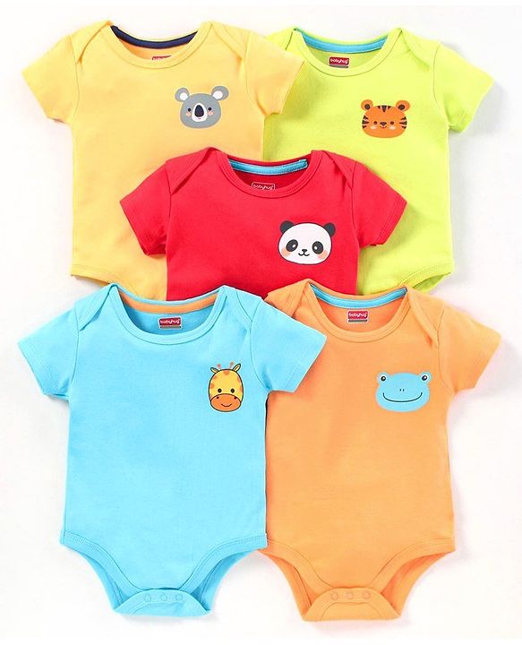 Babyhug Half Sleeves 100% Cotton Onesies Animal Print Pack of 5 - Red Orange Yellow Green Blue