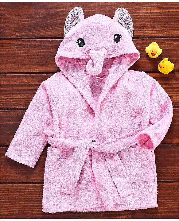 Babyhug Full Sleeves 3D Hood Bath Robe Elephant Design - Pink