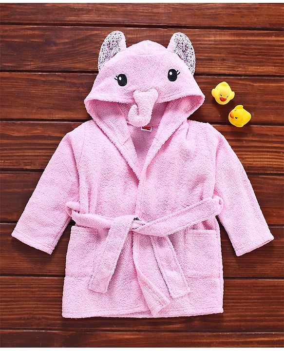 Babyhug Full Sleeves 3D Hood Bath Robe Elephant Design - Pink