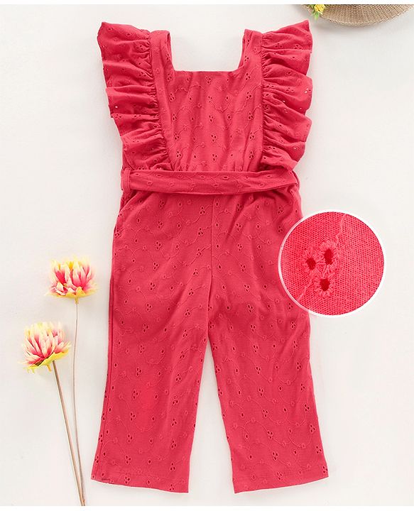 Babyhug Flutter Sleeves Knit Schiffli Jumpsuit - Red