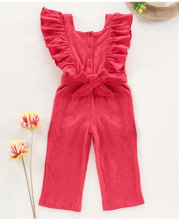 Babyhug Flutter Sleeves Knit Schiffli Jumpsuit - Red
