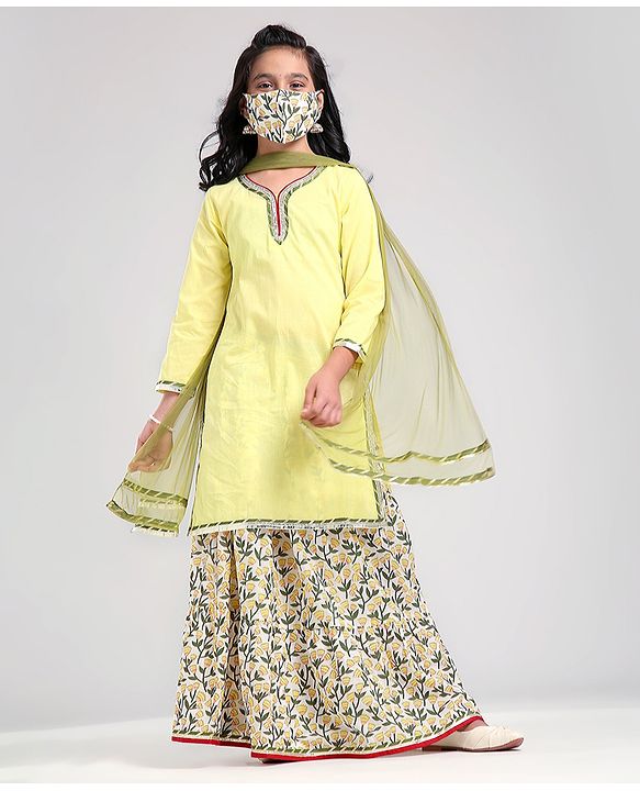 Pine Kids Full Sleeve Solid Kurta with Printed Ghagra Dupatta And Mask - Yellow