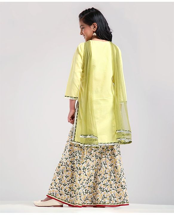Pine Kids Full Sleeve Solid Kurta with Printed Ghagra Dupatta And Mask - Yellow
