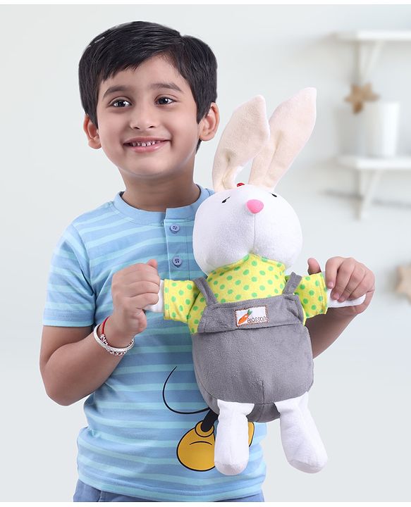 Babyhug Cute Rabbit Soft Toy in Grey Dungarees|Plush Bunny with Long Ears for Hugs & Cuddles|Sensory & Emotional Growth|Imaginative Play|BIS| Ideal Gift |2+ Years | Height-32cm