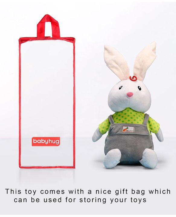 Babyhug Cute Rabbit Soft Toy in Grey Dungarees|Plush Bunny with Long Ears for Hugs & Cuddles|Sensory & Emotional Growth|Imaginative Play|BIS| Ideal Gift |2+ Years | Height-32cm