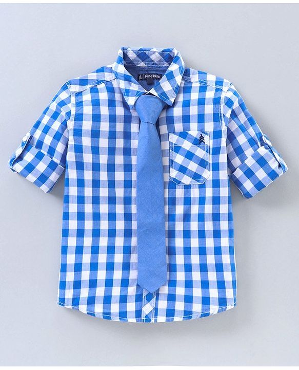 Pine Kids Party Wear Softner Wash Full Sleeves Checks Shirt With Tie - Blue White