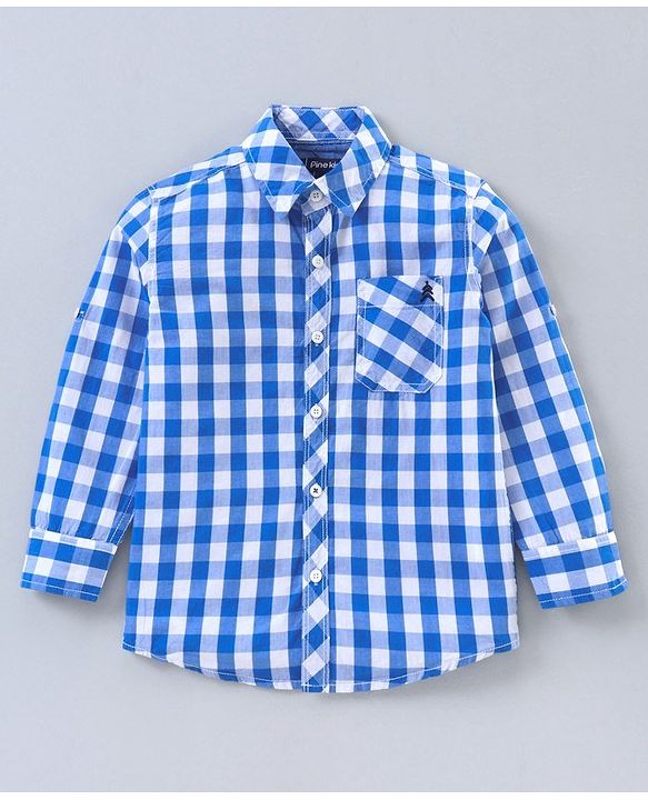 Pine Kids Party Wear Softner Wash Full Sleeves Checks Shirt With Tie - Blue White