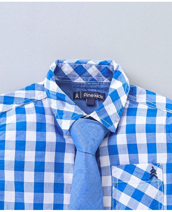 Pine Kids Party Wear Softner Wash Full Sleeves Checks Shirt With Tie - Blue White