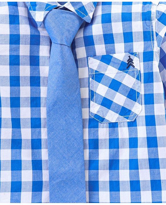 Pine Kids Party Wear Softner Wash Full Sleeves Checks Shirt With Tie - Blue White