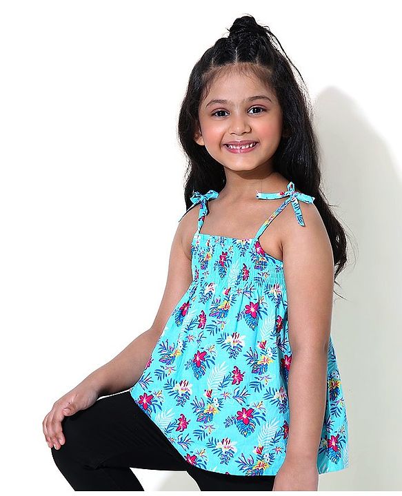Babyhug Singlet Sleeves Top Floral Print - Blue