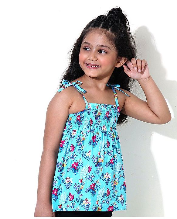 Babyhug Singlet Sleeves Top Floral Print - Blue