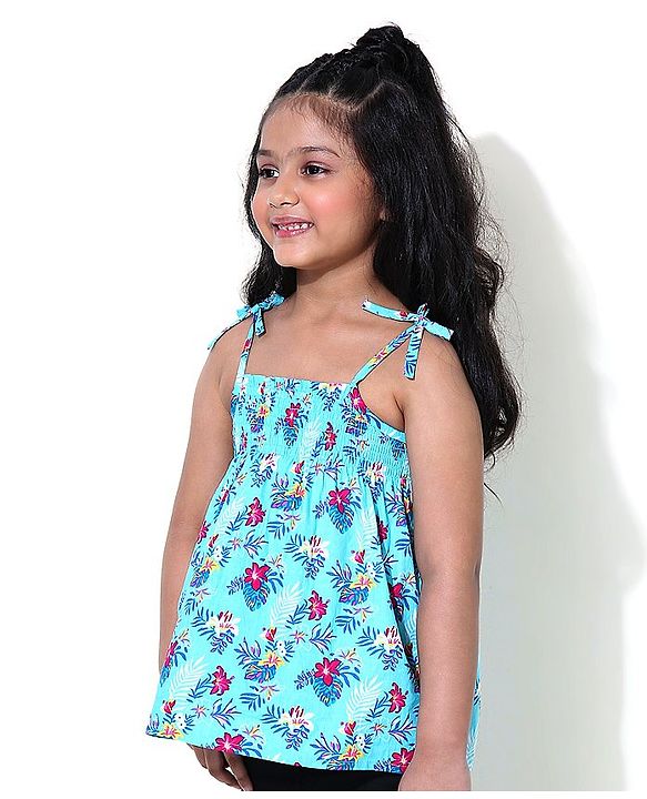 Babyhug Singlet Sleeves Top Floral Print - Blue