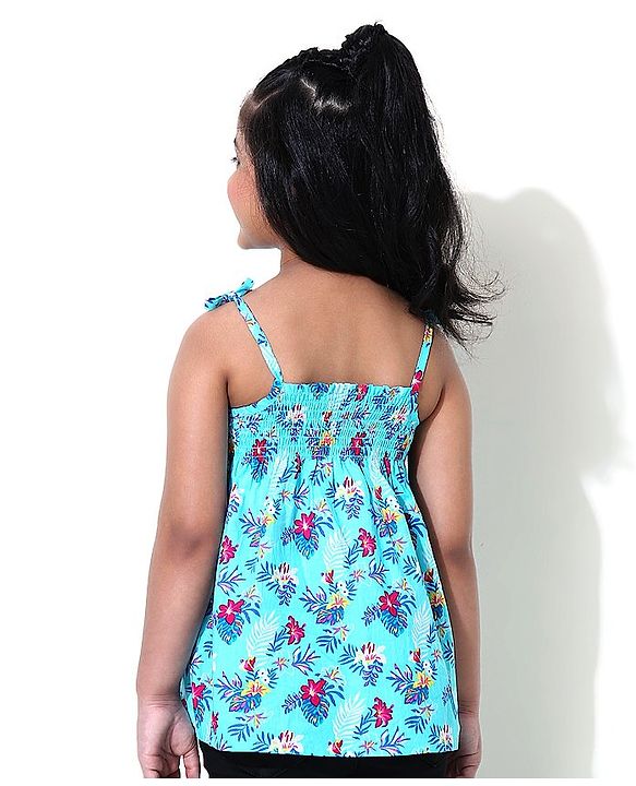 Babyhug Singlet Sleeves Top Floral Print - Blue