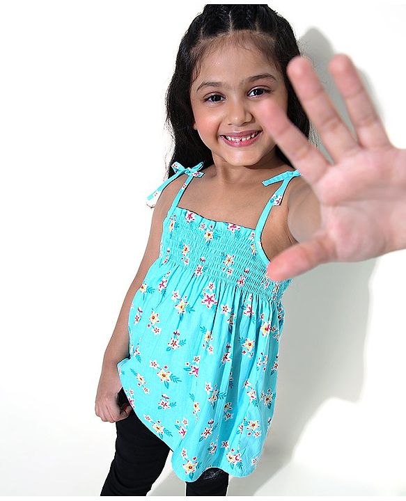 Babyhug Singlet Sleeves Top Floral Print - Blue