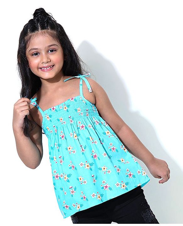 Babyhug Singlet Sleeves Top Floral Print - Blue