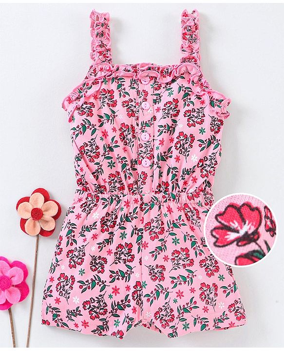 Babyhug Singlet Sleeves Jumpsuit Floral Print - Pink