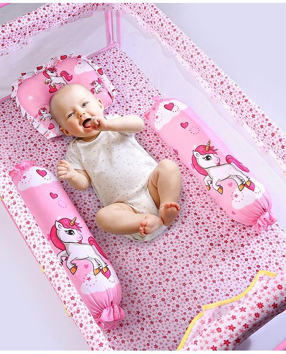 Babyhug Premium Pillow and Bolster Set Unicorn Print - Pink| Prevents Flat Head Syndrome| Neck and Shoulder Support | 100% Cotton| Breathable Fabric| Girls and Boys| Protection from Crib Railing| New Born Gifting Option | Travel Friendly| Soft and L