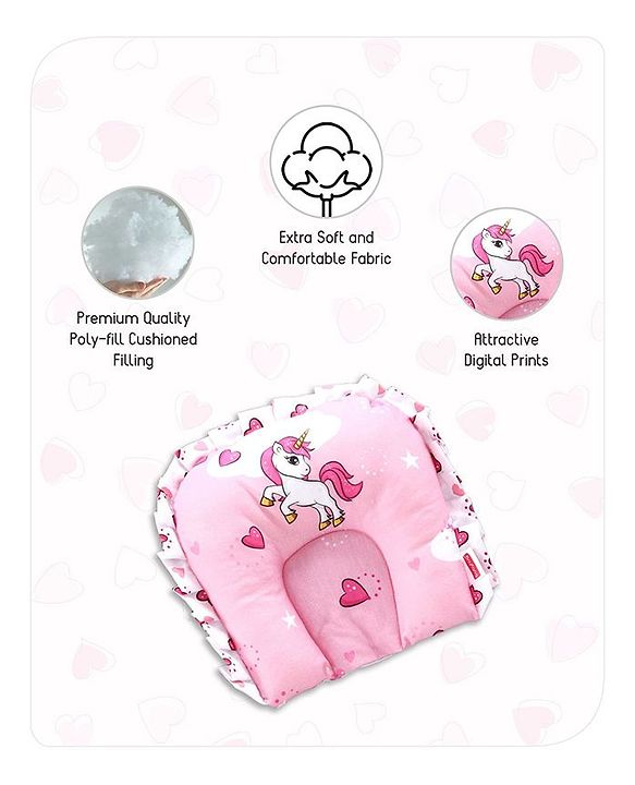 Babyhug Premium Pillow and Bolster Set Unicorn Print - Pink| Prevents Flat Head Syndrome| Neck and Shoulder Support | 100% Cotton| Breathable Fabric| Girls and Boys| Protection from Crib Railing| New Born Gifting Option | Travel Friendly| Soft and L