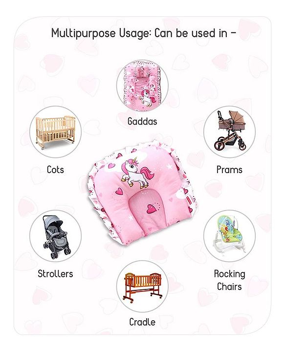 Babyhug Premium Pillow and Bolster Set Unicorn Print - Pink| Prevents Flat Head Syndrome| Neck and Shoulder Support | 100% Cotton| Breathable Fabric| Girls and Boys| Protection from Crib Railing| New Born Gifting Option | Travel Friendly| Soft and L