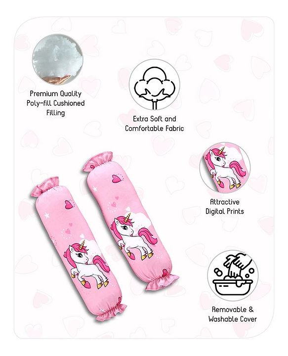 Babyhug Premium Pillow and Bolster Set Unicorn Print - Pink| Prevents Flat Head Syndrome| Neck and Shoulder Support | 100% Cotton| Breathable Fabric| Girls and Boys| Protection from Crib Railing| New Born Gifting Option | Travel Friendly| Soft and L