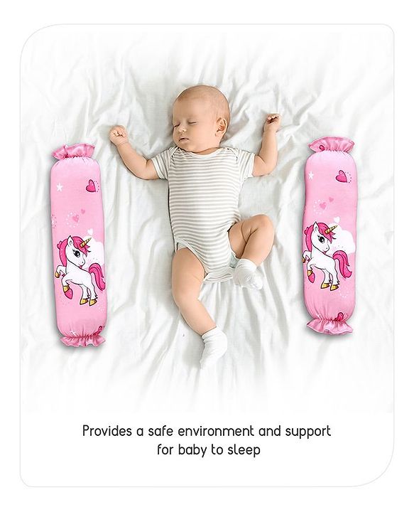 Babyhug Premium Pillow and Bolster Set Unicorn Print - Pink| Prevents Flat Head Syndrome| Neck and Shoulder Support | 100% Cotton| Breathable Fabric| Girls and Boys| Protection from Crib Railing| New Born Gifting Option | Travel Friendly| Soft and L