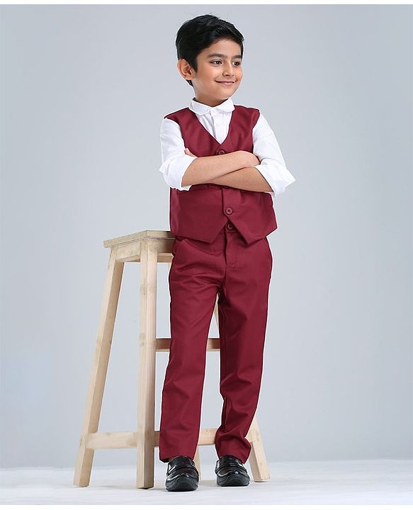 Babyhug Full Sleeves 3 Piece Party Suit - Maroon