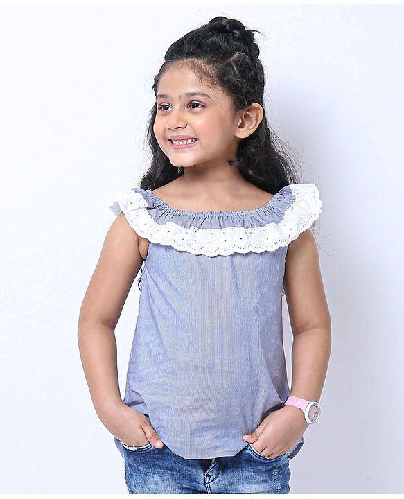 Babyhug Sleeveless Striped Top with Lace Detailing - Blue