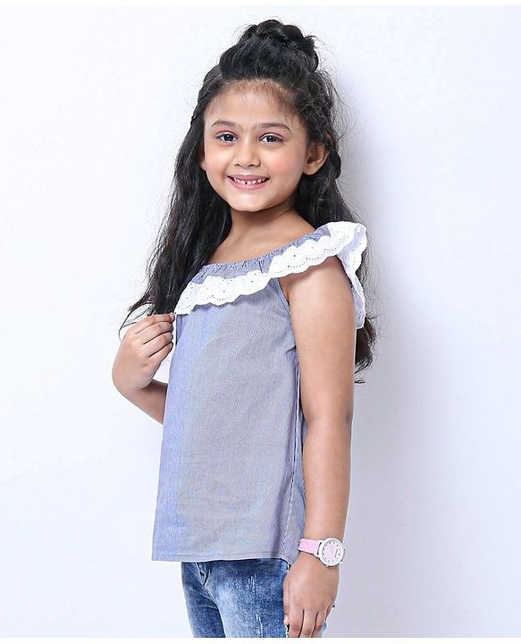 Babyhug Sleeveless Striped Top with Lace Detailing - Blue