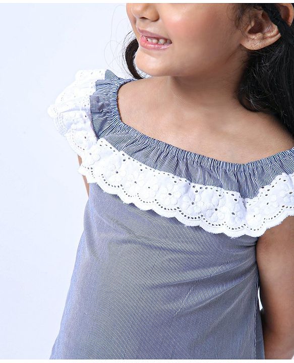 Babyhug Sleeveless Striped Top with Lace Detailing - Blue