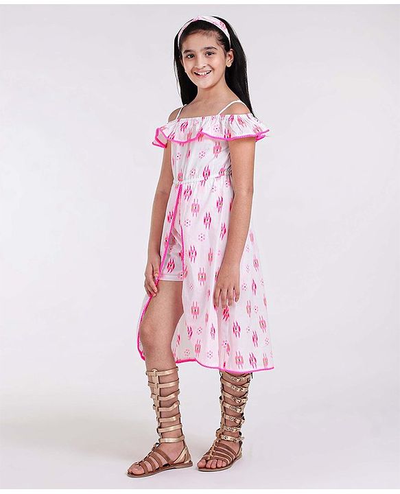 Pine Kids Singlet Softner Wash Printed Frock - White Pink