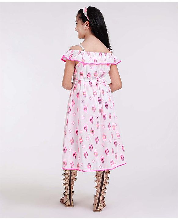 Pine Kids Singlet Softner Wash Printed Frock - White Pink