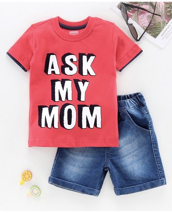 Babyhug Half Sleeves Tee and Denim Shorts Set Text Print - Red